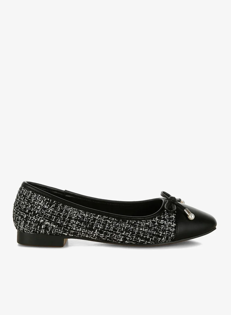 London Rag Women's Black Boucle Pearl Bow Ballerinas
