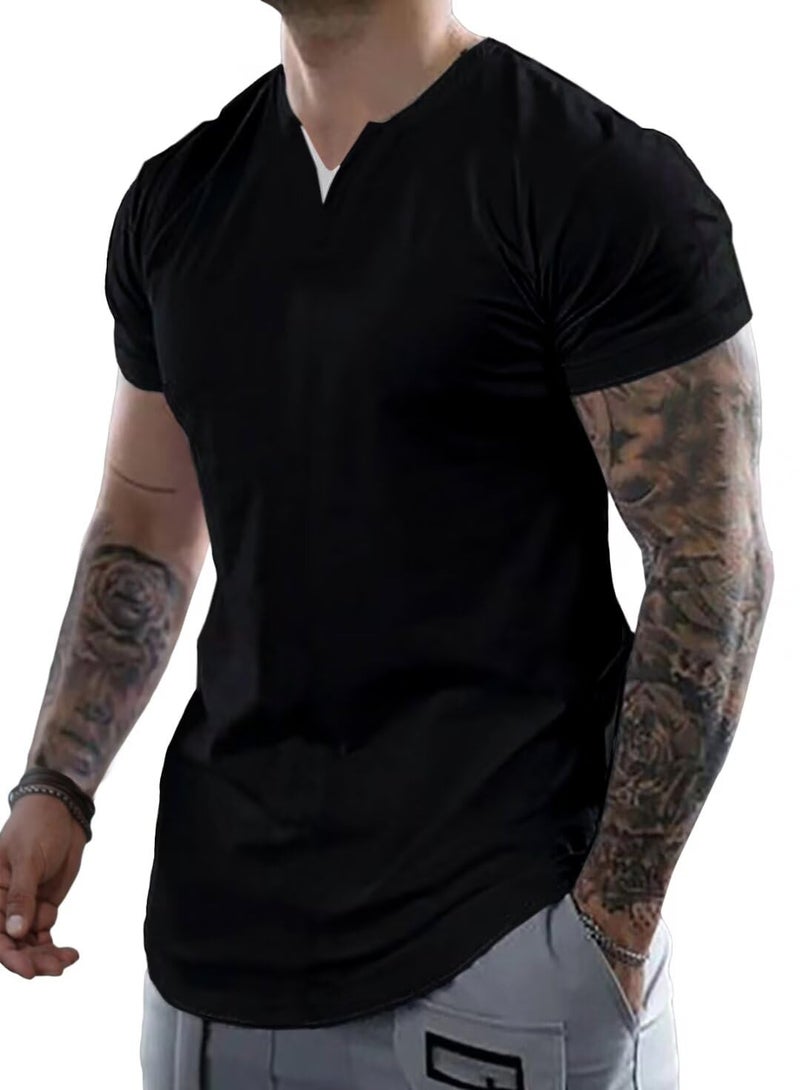 Dokotoo Men Fashion Henley Shirts for Men Short Sleeve Casual V Neck Longline T-Shirts Slim Cotton Shirts Black Small - Image 1