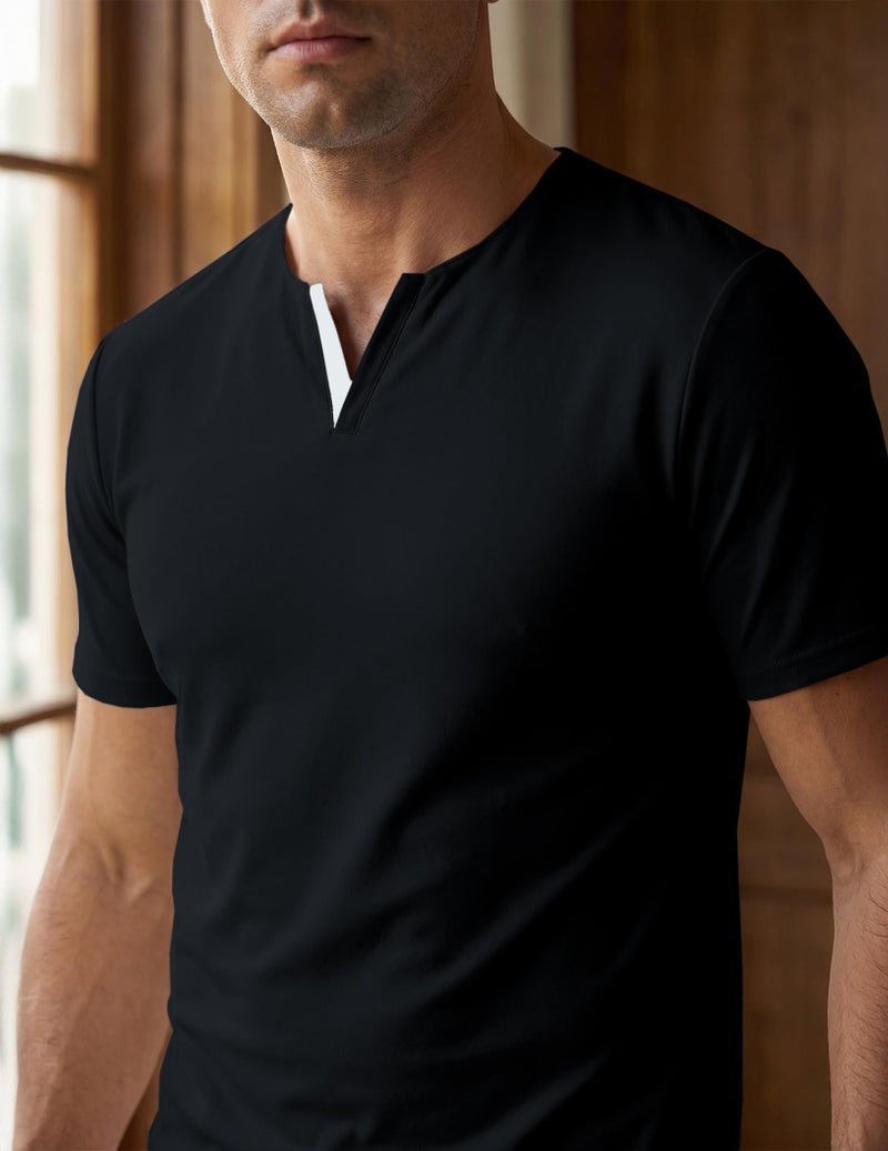 Dokotoo Men Fashion Henley Shirts for Men Short Sleeve Casual V Neck Longline T-Shirts Slim Cotton Shirts Black Small - Image 3