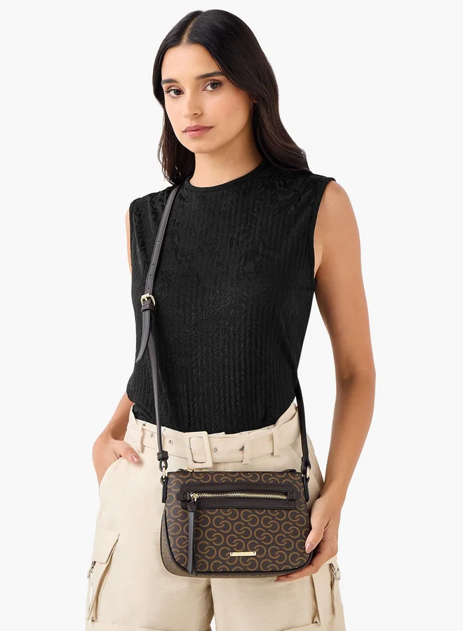 Celeste Monogram Print Crossbody Bag with Adjustable Strap and Zip Closure