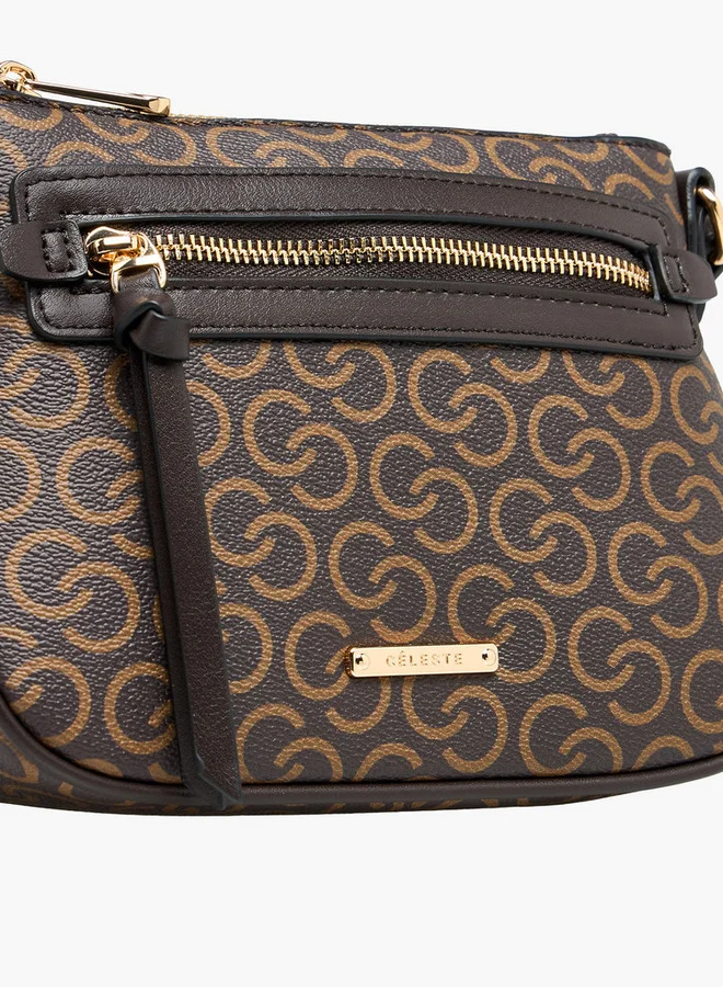 Celeste Monogram Print Crossbody Bag with Adjustable Strap and Zip Closure