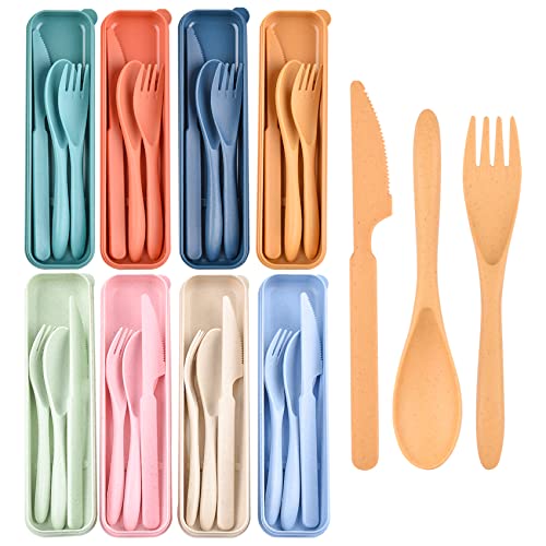 8 Color Travel Utensil Set with Case Reusable Spoon Knife Forks Box Utensil Set for Lunch for Adult and Elderly Service for 8