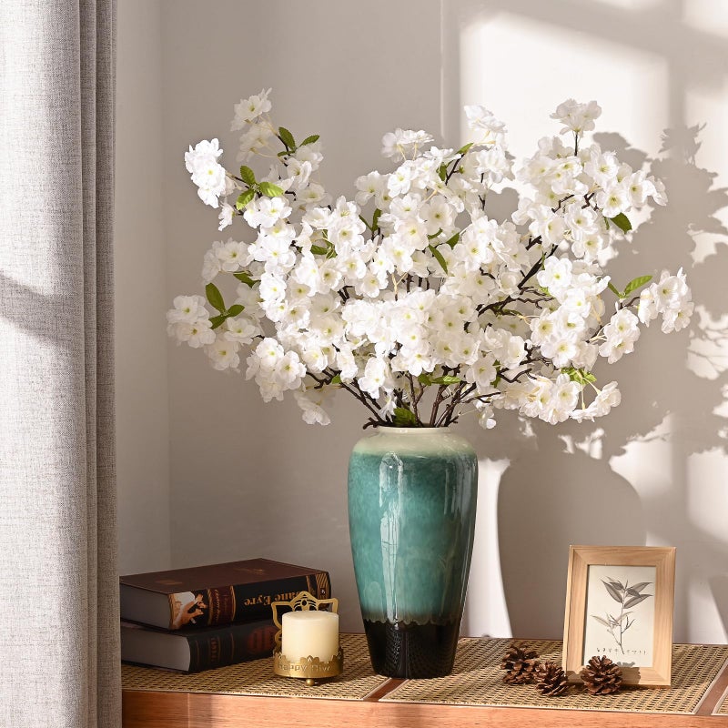 Sunm Boutique White Cherry Blossom Flowers, Artificial Cherry Blossom Decor Faux Cherry Blossom Branches Vase Arrangements for Wedding Home Party Kitchen Decor, Set of 3 - Image 3