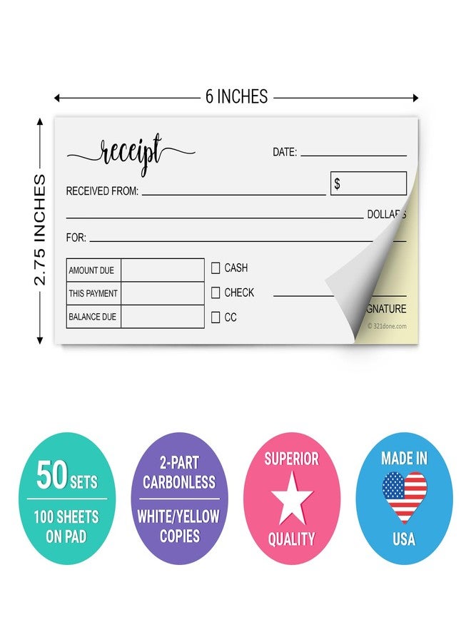 321Done Receipt Book, Made in USA - 2.75x6 Pocket Size 2-Part Carbonless, Cute Handheld Duplicate Copy Order Form for Craft Boutique Business - 50 White/Yellow Sets - Image 2