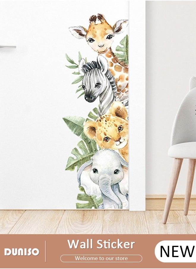 DUNISO Cartoon Animal Door Sticker, Elephant and Zebra Wall Decals Green Plants Wall Stickers Removable Kids Room Wall Decals for Kids Baby Nursery Kindergarten Toddler Boys Girls Bedroom Wall Decor  - Image 1