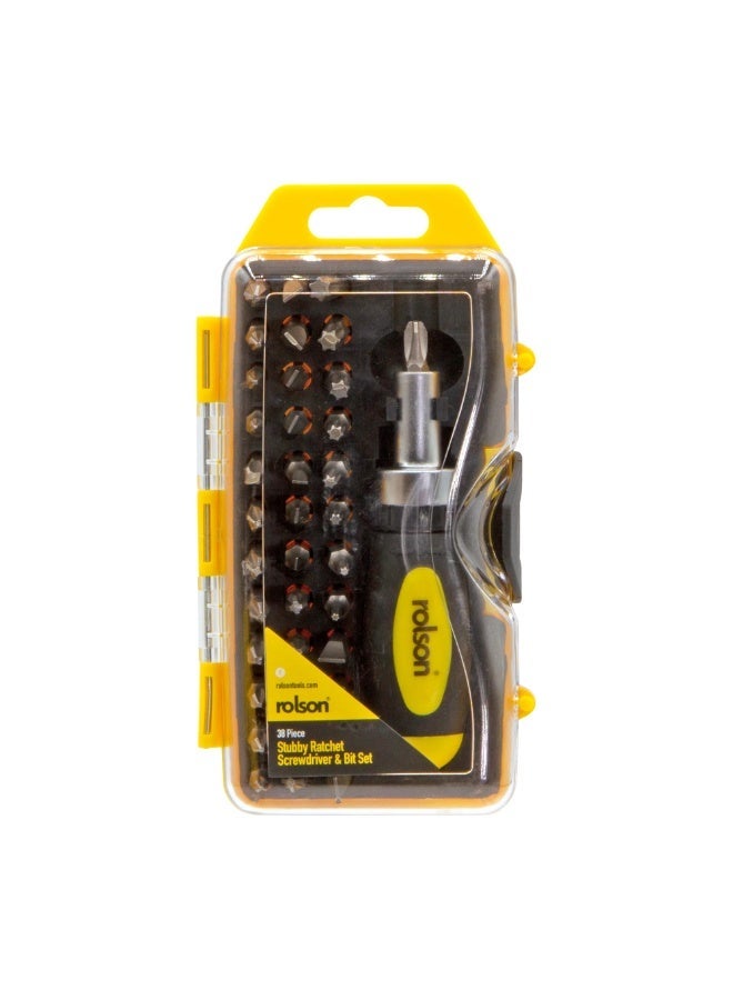 Rolson 28419 38pc Stubby Screwdriver Set - Compact Ratcheting Driver with Torx, Phillips, Pozidriv & Slotted Bits in Plastic Storage Case - Image 1