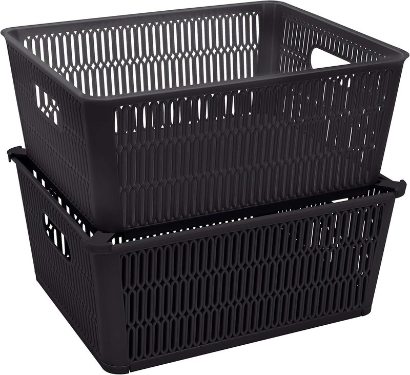 Simplify 2Pk Large Slide 2 Stack It Tote Basket  Storage  Organization  Open Bins with Stackable Capability  Bathroom  Crafts  Pantry  Playroom  Office  Black - Image 1