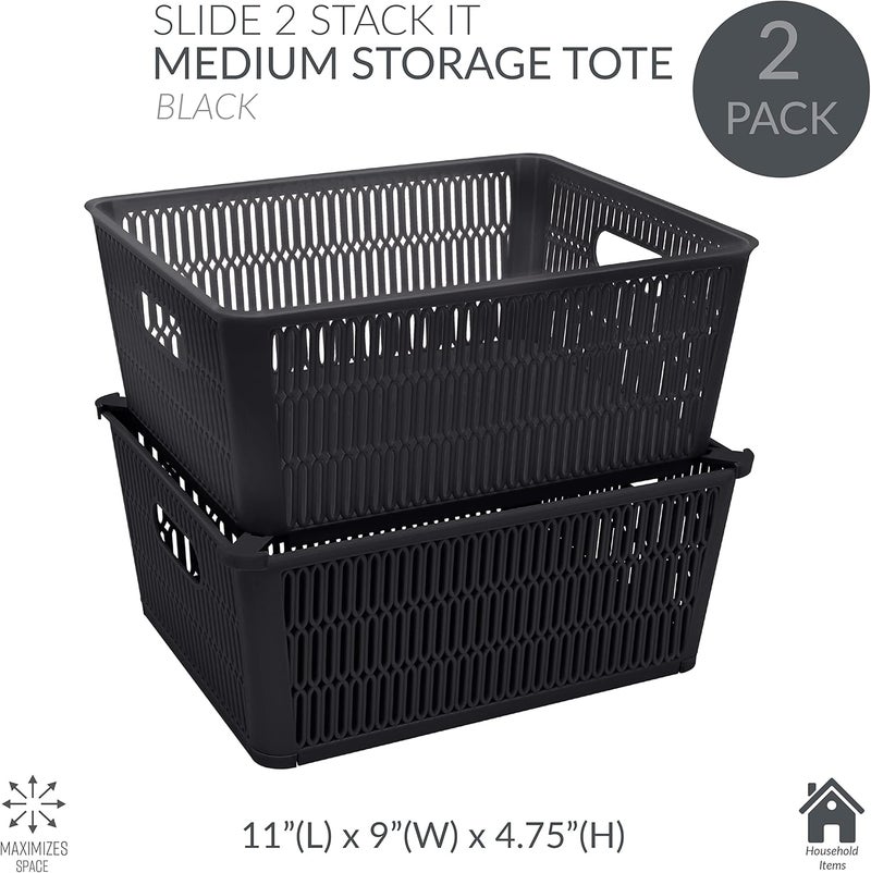 Simplify 2Pk Large Slide 2 Stack It Tote Basket  Storage  Organization  Open Bins with Stackable Capability  Bathroom  Crafts  Pantry  Playroom  Office  Black - Image 2