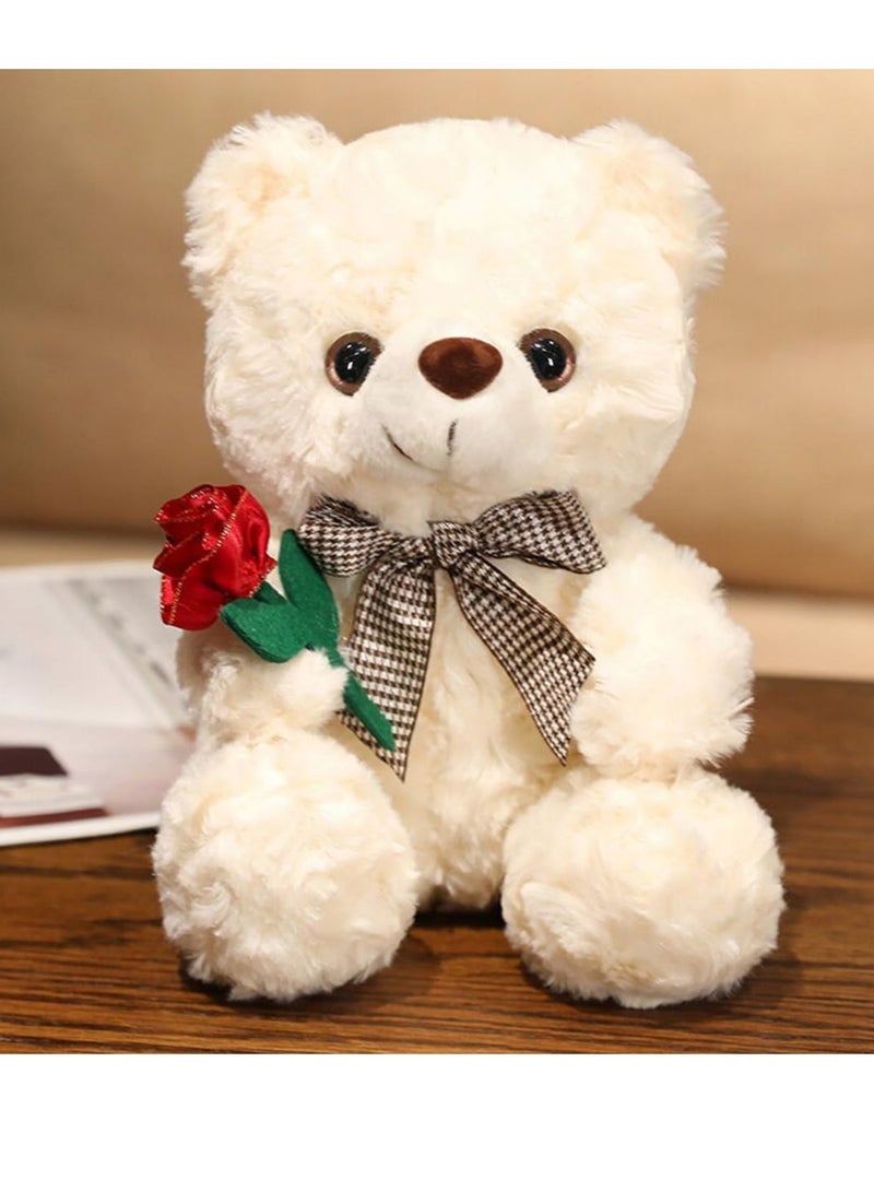 Suntown دب محشو لعبة قماشية ليوم الحب، دب تيدي لطيف 9.8 بوصة مع وردة دب ناعم صغير قابل للعناق، هدايا لصديقتك وصديقك (أبيض) - Image 1
