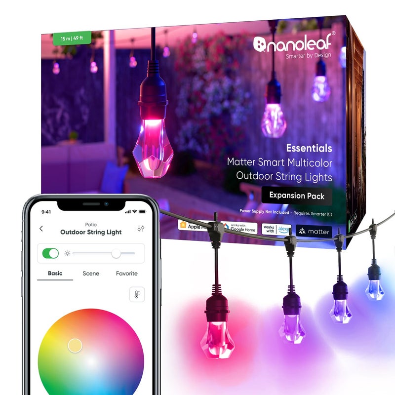 حزمة توسيع أضواء النيون الأساسية الذكية متعددة الألوان الخارجية مع لمبات LED قابلة للتوجيه RGBICW بيضاء ومتغيرة الألوان WiFi بلوتوث مقاومة للماء IP 65 بطول 49 قدم