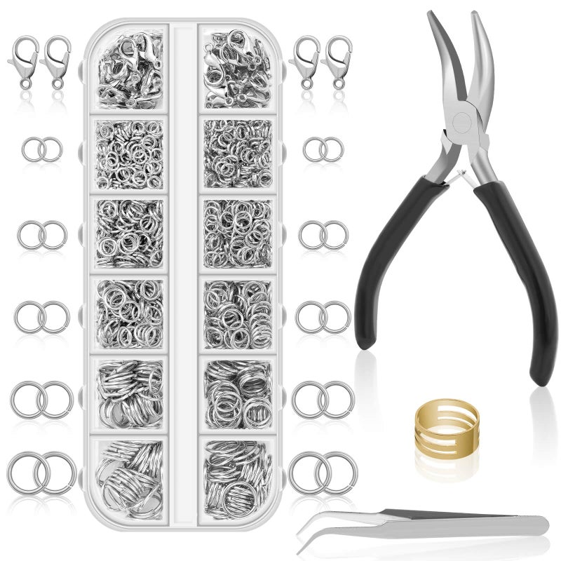 Anezus 1200PCS Jump Rings for Jewelry Making Kit, Jump Rings and Necklace Clasps with Jump Ring Pliers Tools for Jewelry Making Supplies and Necklace Repair (Silver) - Image 1