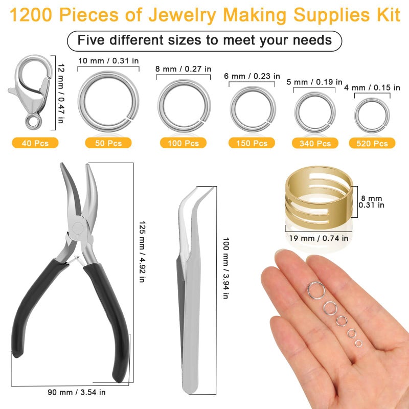 Anezus 1200PCS Jump Rings for Jewelry Making Kit, Jump Rings and Necklace Clasps with Jump Ring Pliers Tools for Jewelry Making Supplies and Necklace Repair (Silver) - Image 3