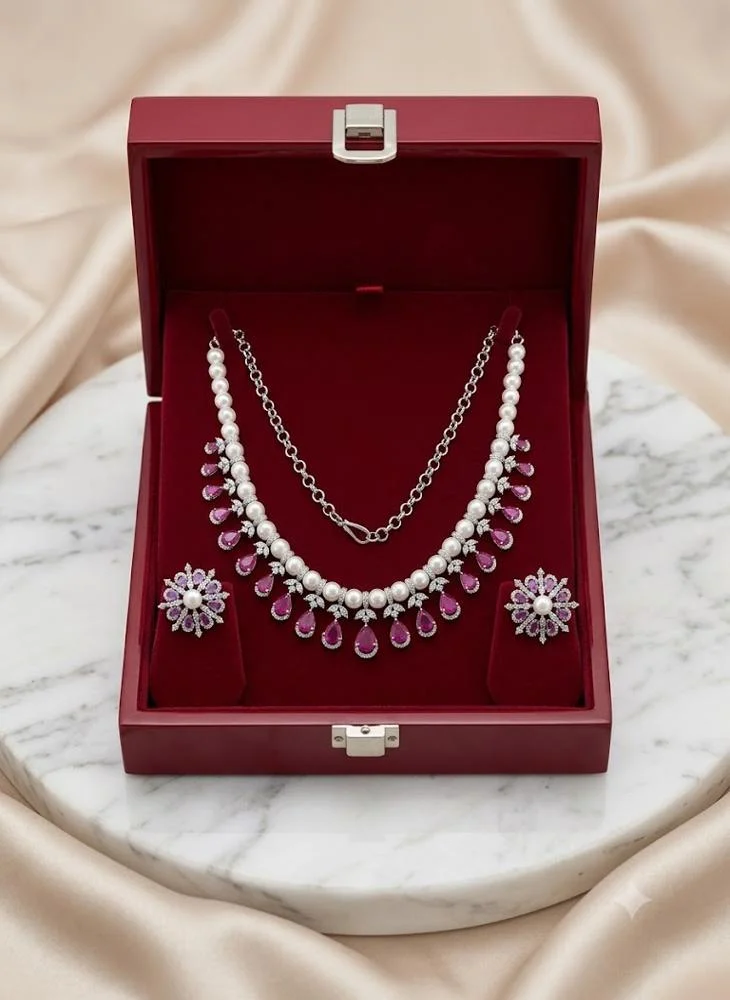 Viny Red Elegant American Diamond & Ruby Red  Imitation Necklace Set for Women - Perfect for Parties, Weddings, & Festivals (Diwali, Eid) for Women | Best Price UAE