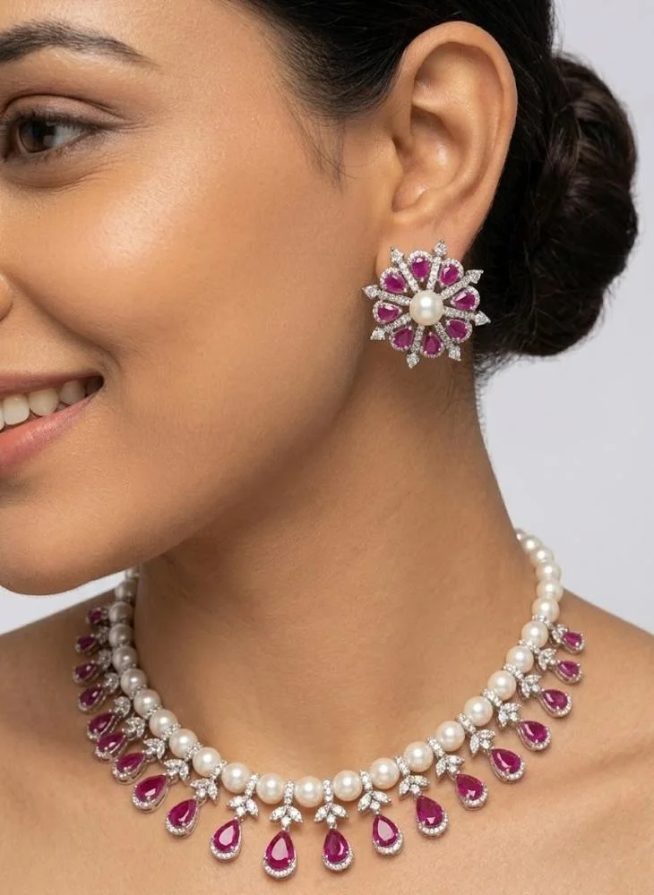 Viny Red Elegant American Diamond & Ruby Red  Imitation Necklace Set for Women - Perfect for Parties, Weddings, & Festivals (Diwali, Eid) for Women | Best Price UAE