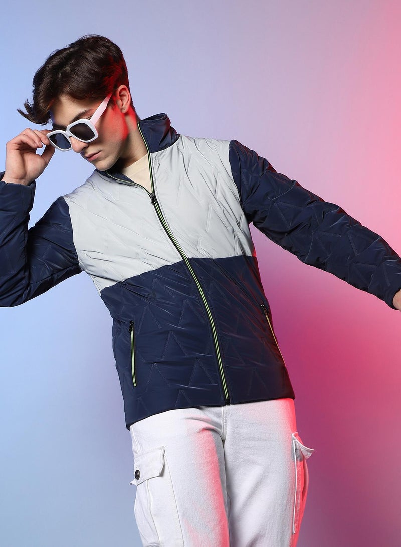 Campus Sutra Men's Navy Blue & Light Grey Contrast V Quilted Puffer Jacket - Image 1