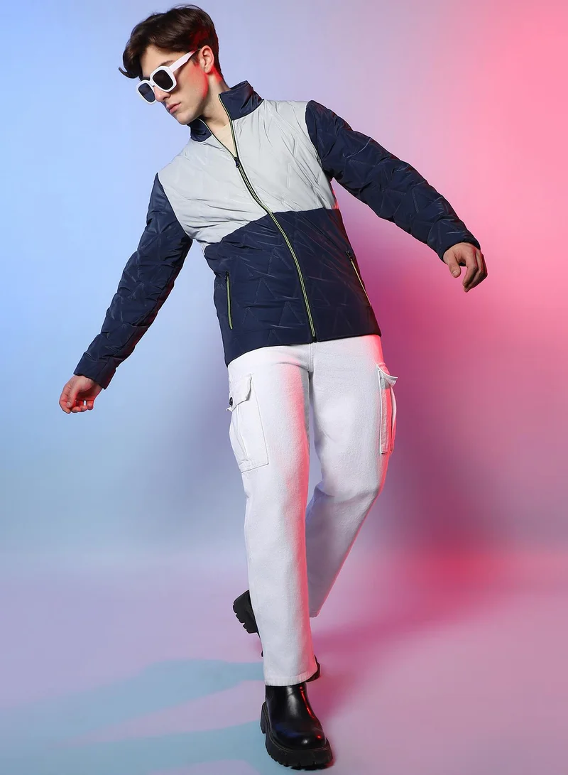 Campus Sutra Men's Navy Blue & Light Grey Contrast V Quilted Puffer Jacket
