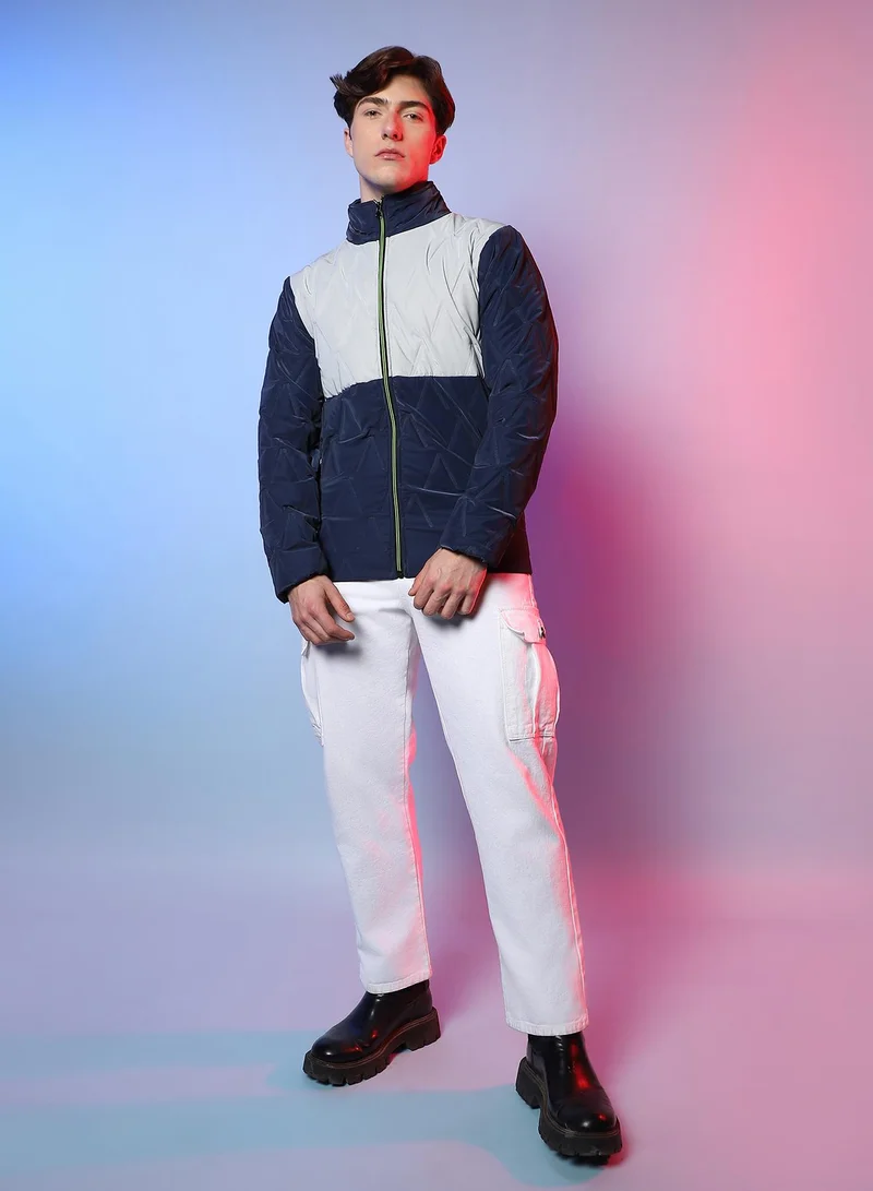 Campus Sutra Men's Navy Blue & Light Grey Contrast V Quilted Puffer Jacket