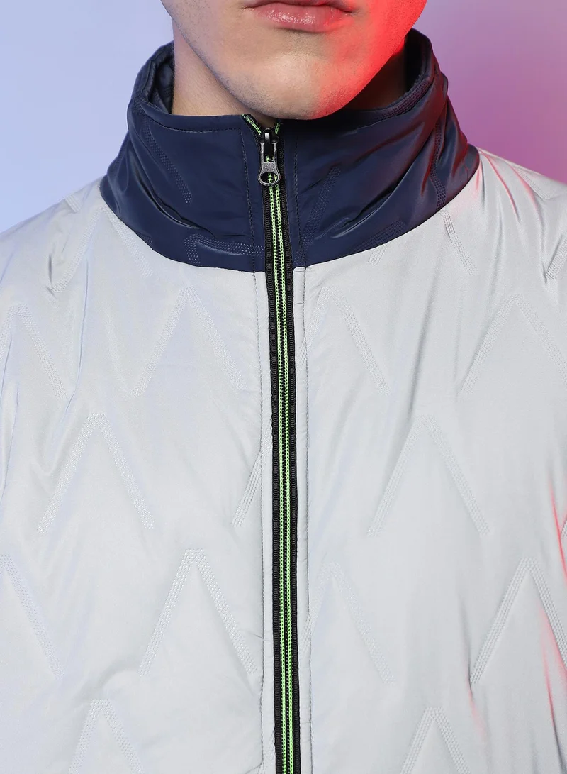 Campus Sutra Men's Navy Blue & Light Grey Contrast V Quilted Puffer Jacket