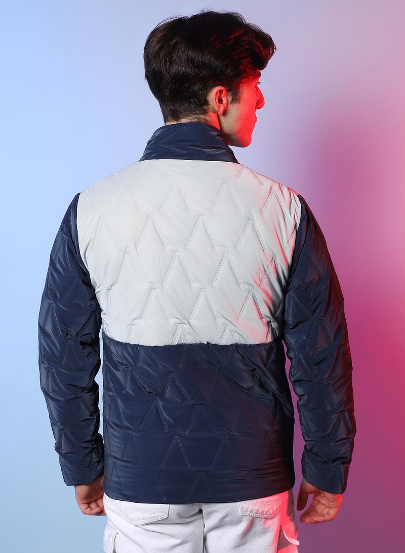 Campus Sutra Men's Navy Blue & Light Grey Contrast V Quilted Puffer Jacket - Image 5
