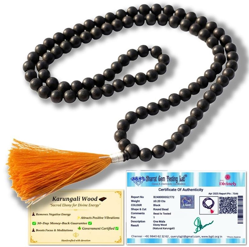 SRM's Divinely Divinely 100% Natural Unpolished Karungali Malai Original 8mm | Certified Non-Elastic Thread Karungali Mala Original | Black Ebony Wood Necklace for Spiritual Growth & Meditation - Image 1
