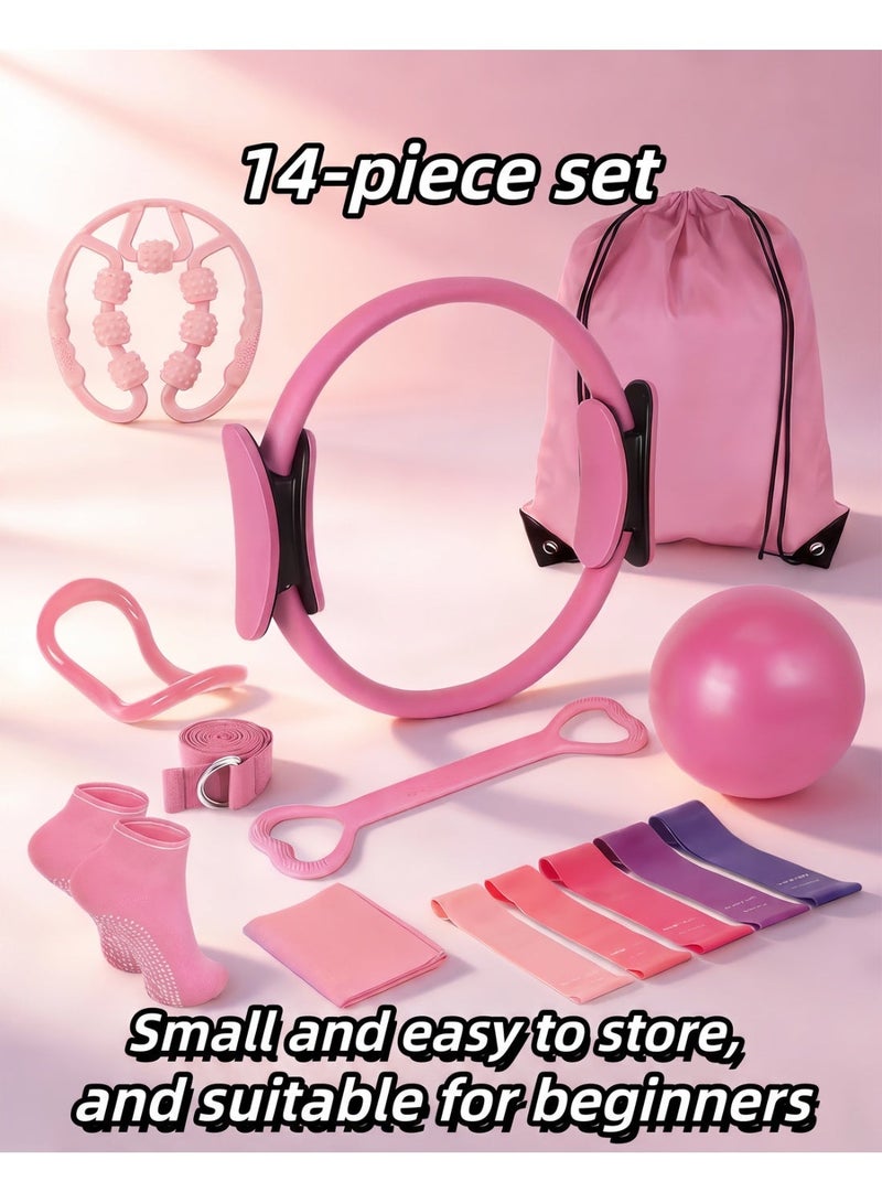 Kingone 14-Piece Pilates Kit for Women, Home Workout Set with Magic Circle, Mini Ball, Resistance Bands, Foam Roller, Stretch Strap, Grip Socks and Carry Bag, Pink - Image 1