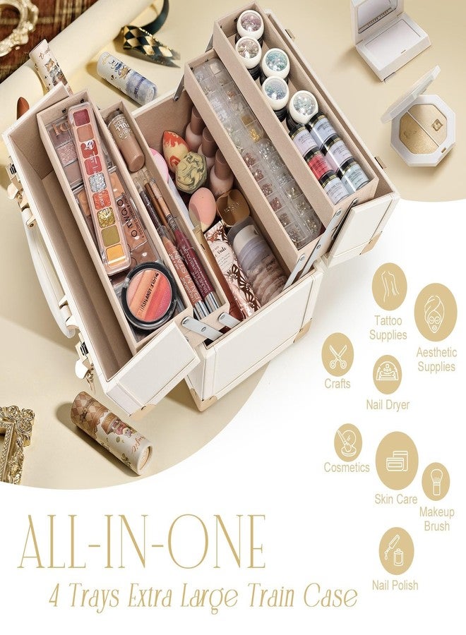 جوليجريس حقيبة مكياج جوليغريس الكبيرة المحمولة لتخزين مستحضرات التجميل، قابلة للقفل، مزودة بأربعة أقسام، مصنوعة من الجلد النباتي بلون بيج شامبانيا كلاسيكي (إصدار ذو صينية طويلة). - Image 3