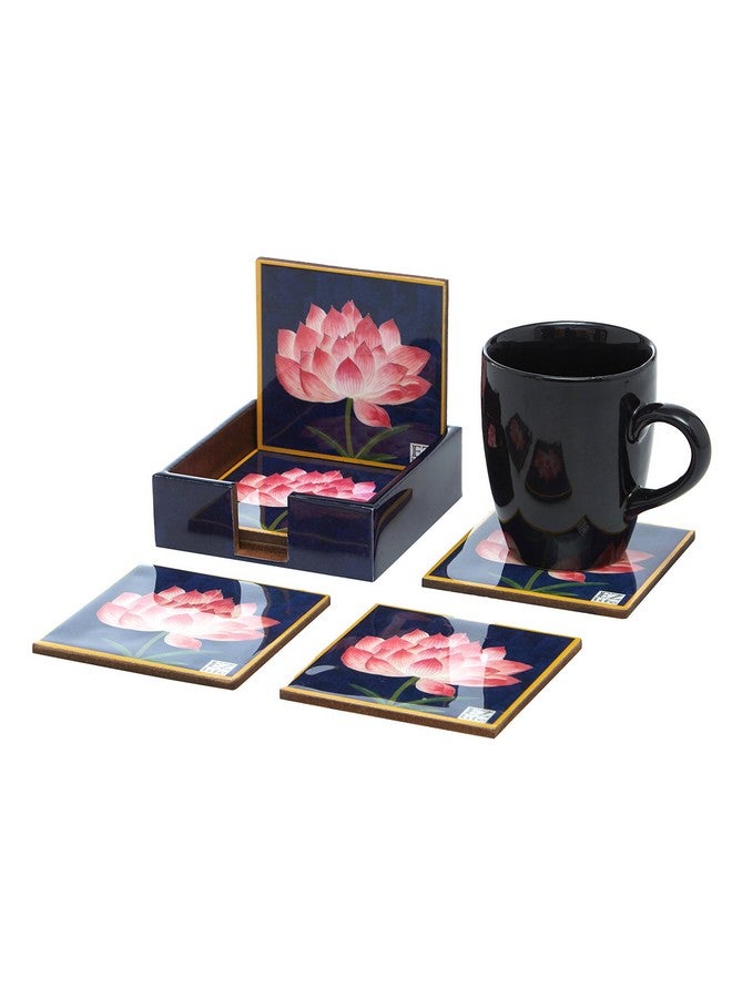 EZ Life EZ Life Six Coasters with Holder Set - Serene Lotus - Navy Blue - Wood & Resin - Placemat for Hot & Cold Drinks - Bowl & Tea Cup Dining, Cocktail Table Décor - Dining Table Accessory Coasters  - Image 4