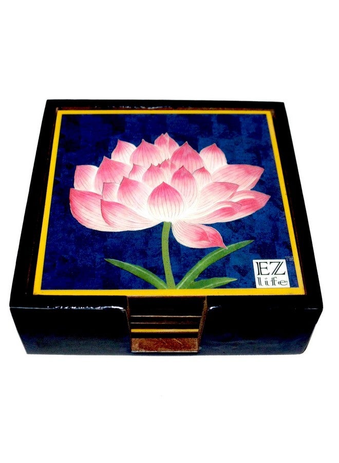 EZ Life EZ Life Six Coasters with Holder Set - Serene Lotus - Navy Blue - Wood & Resin - Placemat for Hot & Cold Drinks - Bowl & Tea Cup Dining, Cocktail Table Décor - Dining Table Accessory Coasters  - Image 1