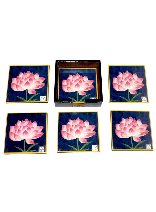 EZ Life EZ Life Six Coasters with Holder Set - Serene Lotus - Navy Blue - Wood & Resin - Placemat for Hot & Cold Drinks - Bowl & Tea Cup Dining, Cocktail Table Décor - Dining Table Accessory Coasters  - Image 3