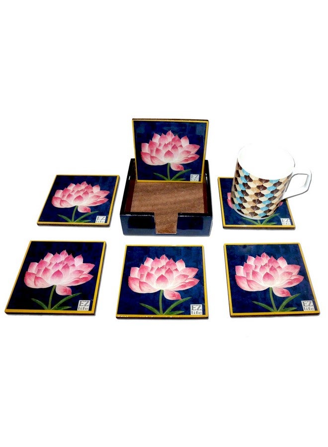 EZ Life EZ Life Six Coasters with Holder Set - Serene Lotus - Navy Blue - Wood & Resin - Placemat for Hot & Cold Drinks - Bowl & Tea Cup Dining, Cocktail Table Décor - Dining Table Accessory Coasters  - Image 2