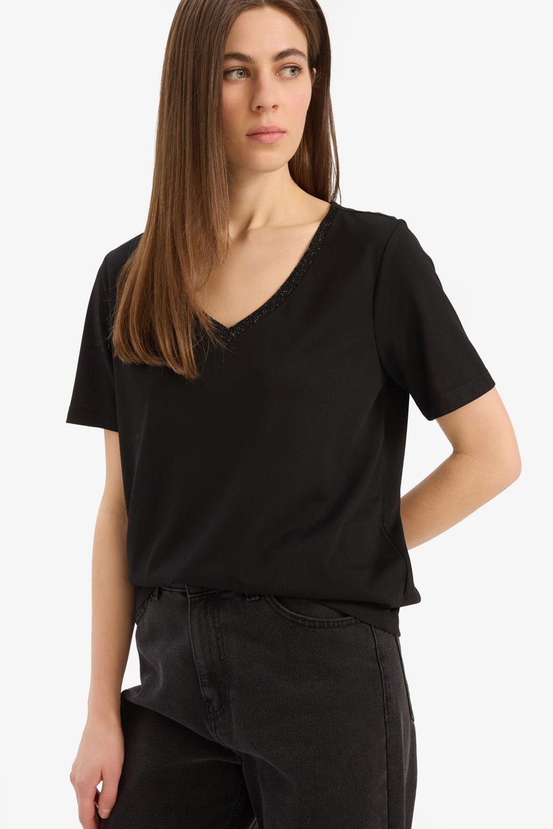 DeFacto Woman Regular Fit V-Neck Short Sleeve T-Shirt  - Image 1