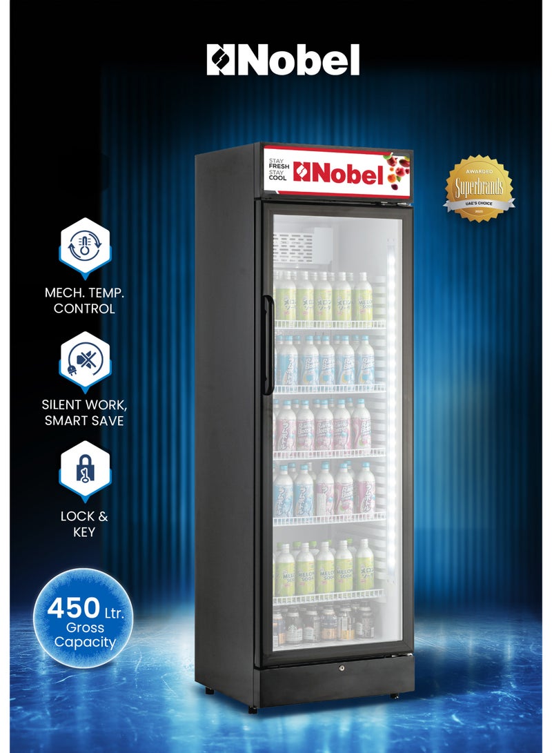 Nobel Showcase Chiller 450L Gross Capacity with, Single Glass Door, Mechanical Temperature Control, and 5 Shelves – (1 Year Warranty) 450 L 300 kW NSF450 Black - Image 1