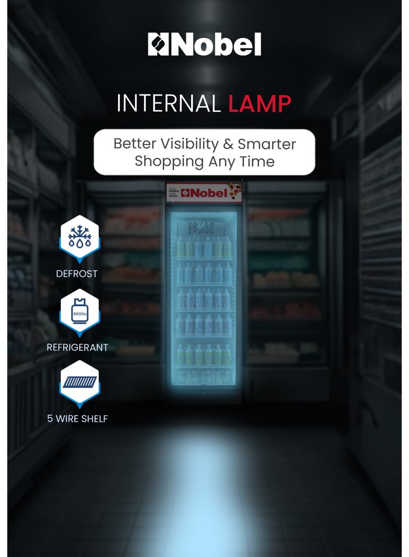 Nobel Showcase Chiller 450L Gross Capacity with, Single Glass Door, Mechanical Temperature Control, and 5 Shelves – (1 Year Warranty) 450 L 300 kW NSF450 Black - Image 4