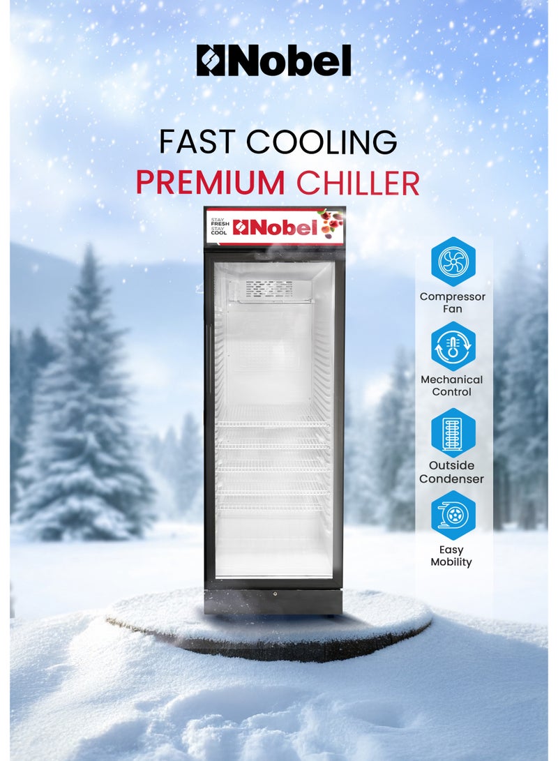 Nobel Showcase Chiller 450L Gross Capacity with, Single Glass Door, Mechanical Temperature Control, and 5 Shelves – (1 Year Warranty) 450 L 300 kW NSF450 Black - Image 5