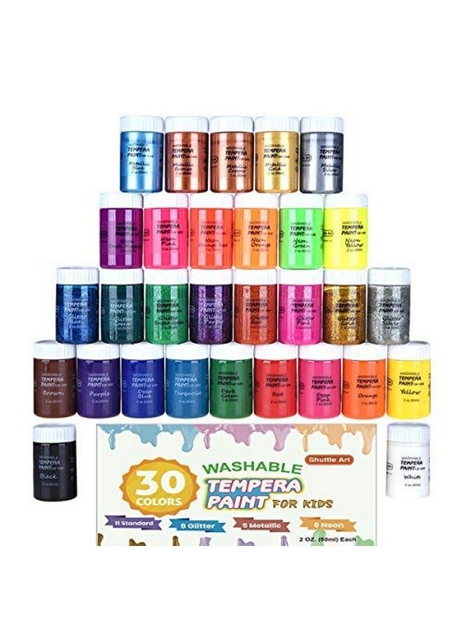 Shuttle Art Tempera Paint 30 Colors Washable Paint For Kids 2Oz/60Ml Bottle Nontoxic Finger Paints For Toddlers With Glitter Metallic Neon Colors Kids Paint For Art Crafts And School Projects - Image 1