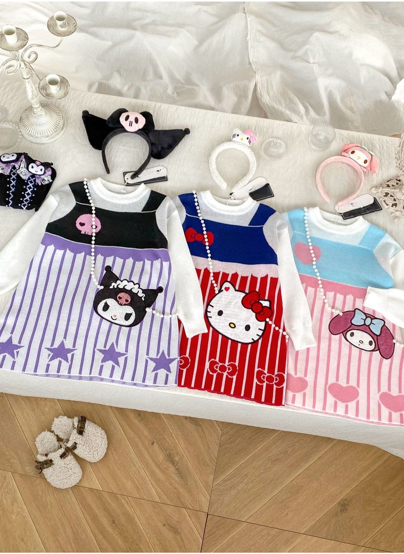 Generic - Three Piece Set — Girl's Stylish Cartoon Love Fake Two-Piece Sweater Knitted Dress Hair Hoop Handbag - Image 1