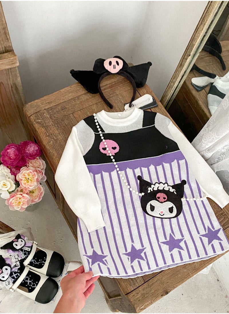 Generic - Three Piece Set — Girl's Stylish Cartoon Love Fake Two-Piece Sweater Knitted Dress Hair Hoop Handbag - Image 1