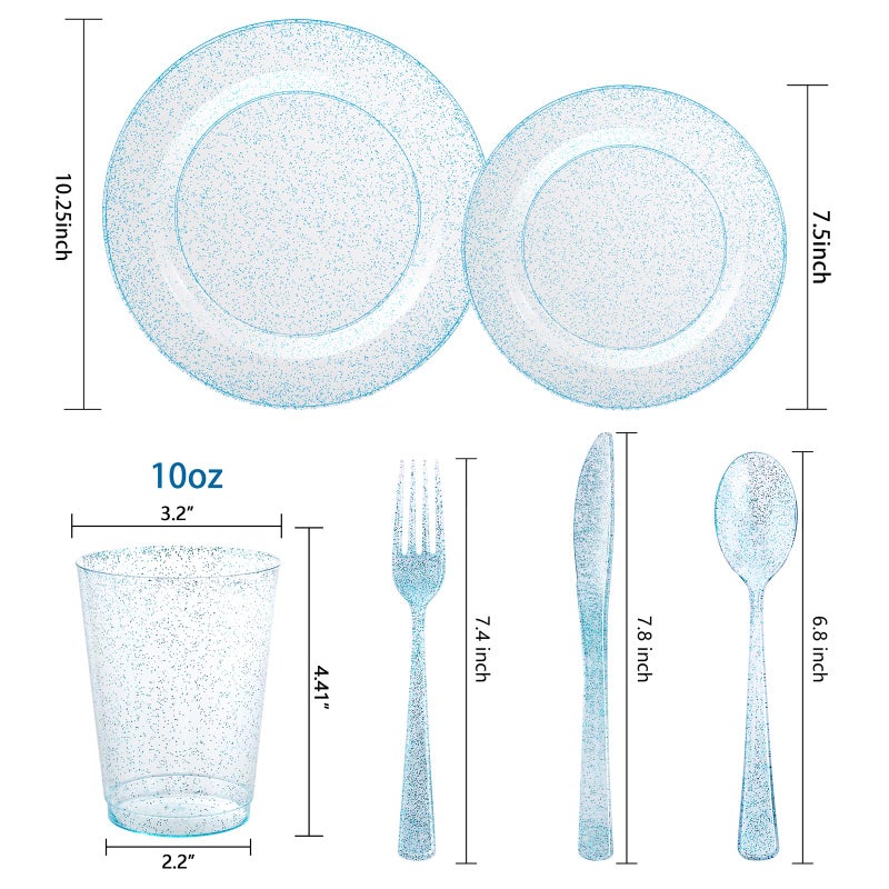 Rubtlamp 180Pcs Blue Glitter Dinnerware Set(30 Guests)  Blue Plastic Plate With Glitter Disposable Silverware  Glitter Plate Set Include 30Dinner Platos  30Dessert Platos  90Cutlerys  30Cups for Party - Image 2