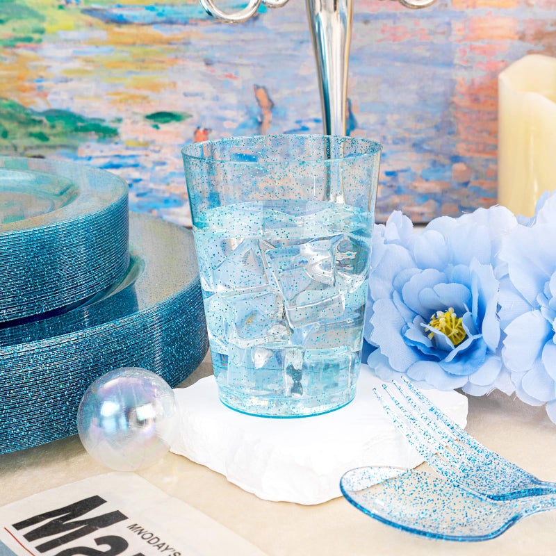 Rubtlamp 180Pcs Blue Glitter Dinnerware Set(30 Guests)  Blue Plastic Plate With Glitter Disposable Silverware  Glitter Plate Set Include 30Dinner Platos  30Dessert Platos  90Cutlerys  30Cups for Party - Image 5