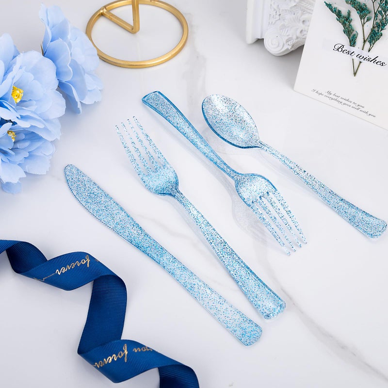 Rubtlamp 180Pcs Blue Glitter Dinnerware Set(30 Guests)  Blue Plastic Plate With Glitter Disposable Silverware  Glitter Plate Set Include 30Dinner Platos  30Dessert Platos  90Cutlerys  30Cups for Party - Image 4