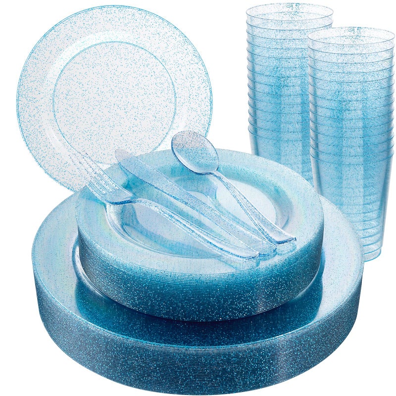 Rubtlamp 180Pcs Blue Glitter Dinnerware Set(30 Guests)  Blue Plastic Plate With Glitter Disposable Silverware  Glitter Plate Set Include 30Dinner Platos  30Dessert Platos  90Cutlerys  30Cups for Party - Image 1