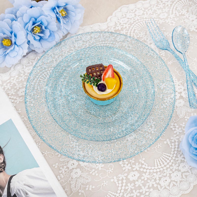 Rubtlamp 180Pcs Blue Glitter Dinnerware Set(30 Guests)  Blue Plastic Plate With Glitter Disposable Silverware  Glitter Plate Set Include 30Dinner Platos  30Dessert Platos  90Cutlerys  30Cups for Party - Image 3