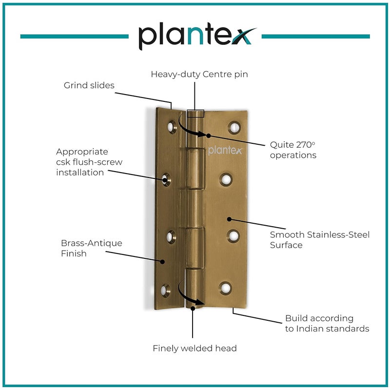 plantex Plantex Heavy Duty Stainless Steel Door Butt Hinges 5 inch x 12 Gauge25 mm Thickness HomeOfficeHotel for Main DoorBedroomKitchenBathroom Pack of 24 Brass Antique  - Image 4