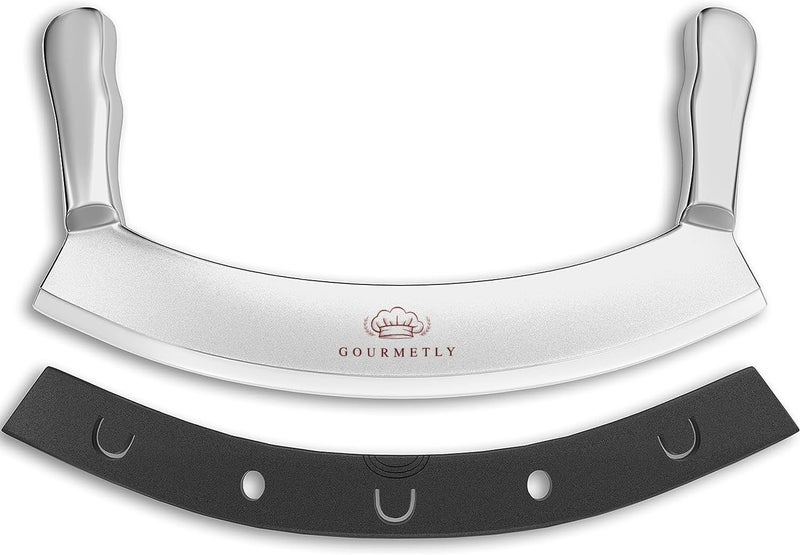 Gourmetly Stainless Steel Mezzaluna Knife with Cover – 12 In. Curved Blade with Solid Steel Handles & Mezzaluna Sheath – Pizza Cutter Rocker, Rocker Knife Veggie Cutter, Salad Chopper, & Herb Cutter - Image 1