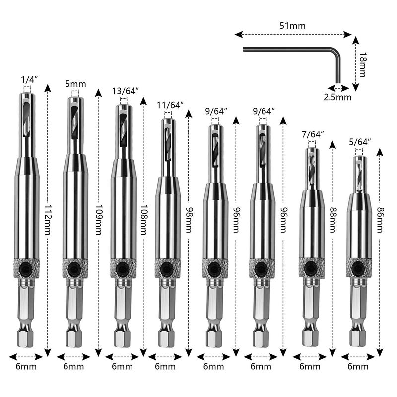 Werkzeug Self Centering Hinge Tapper Core Drill Bit Set for Woodworking, Adjustable Door Window Drill Bits with 1 Hex Key & 8 Replacement Drill Bits (5/64 - 1/4 Inches), 16 Pieces - Image 2