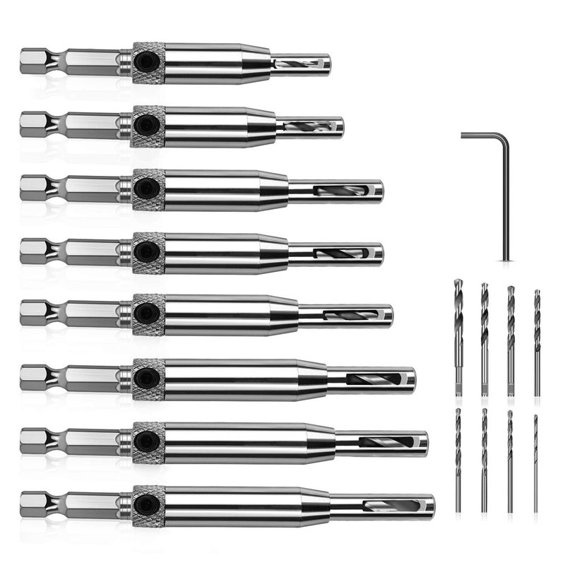 Werkzeug Self Centering Hinge Tapper Core Drill Bit Set for Woodworking, Adjustable Door Window Drill Bits with 1 Hex Key & 8 Replacement Drill Bits (5/64 - 1/4 Inches), 16 Pieces - Image 1