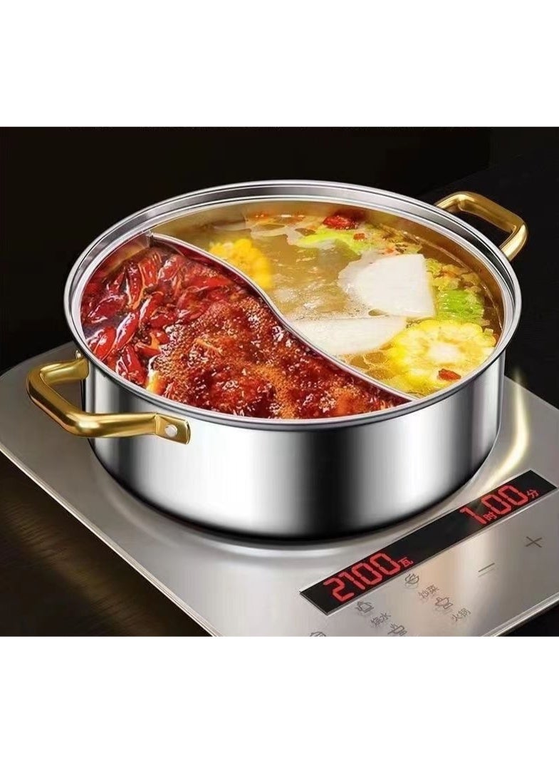 وعاء شابو شابو مزدوج النكهات من الستانلس ستيل السميك 316، تصميم صيني تقليدي، 28 سم، غير لاصق، مع غطاء وملعقتين، مناسب لـ 2 إلى 7 أشخاص، متوافق مع الموقد الحثي والغاز والسيراميك، مثالي للطبخ المنزلي وجمعات العائلة - Image 4