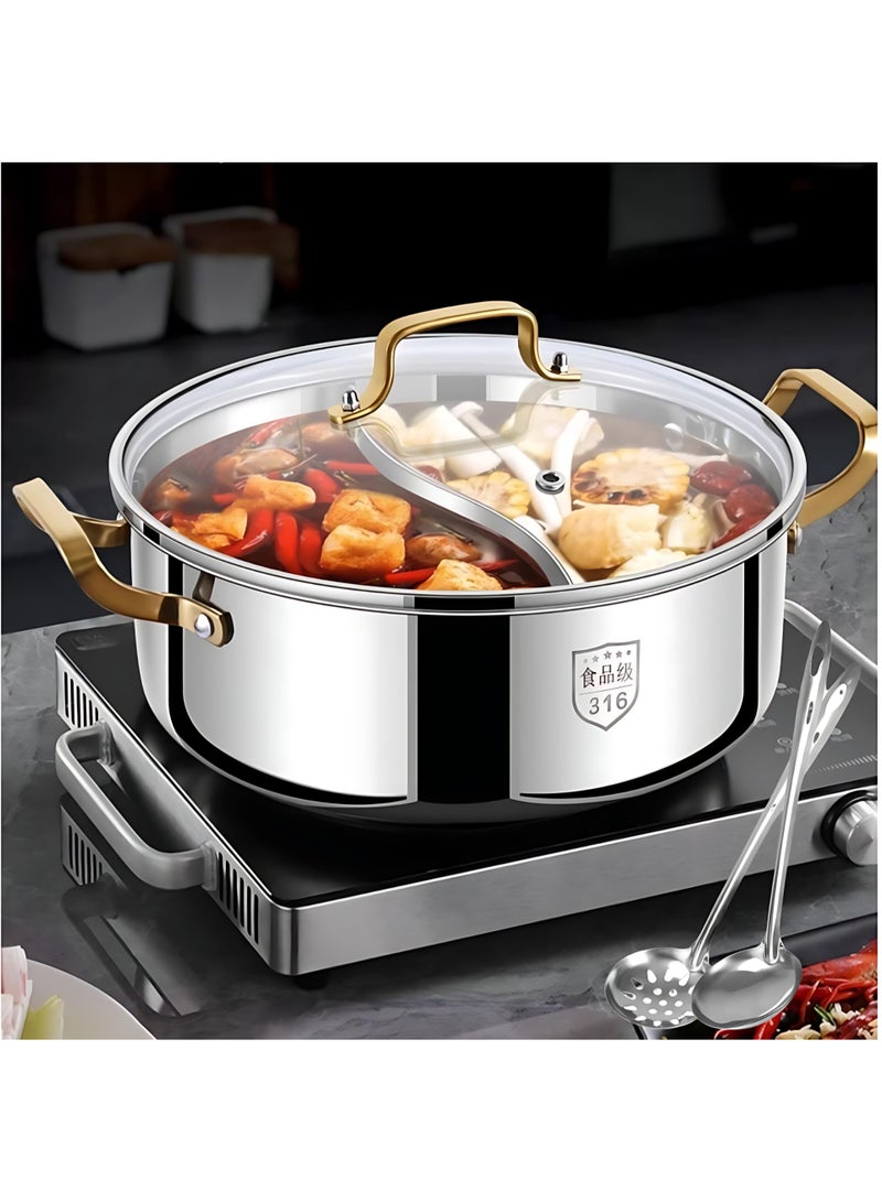 وعاء شابو شابو مزدوج النكهات من الستانلس ستيل السميك 316، تصميم صيني تقليدي، 28 سم، غير لاصق، مع غطاء وملعقتين، مناسب لـ 2 إلى 7 أشخاص، متوافق مع الموقد الحثي والغاز والسيراميك، مثالي للطبخ المنزلي وجمعات العائلة - Image 1