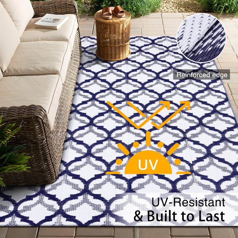 OLANLY Reversible Outdoor Rug 5x8 ft Clearance, Waterproof Outdoor Plastic Straw Rug with Interlacing Pattern, RV Mat for Patio, Camping, Balcony, Deck, Backyard, Navy & White - Image 4