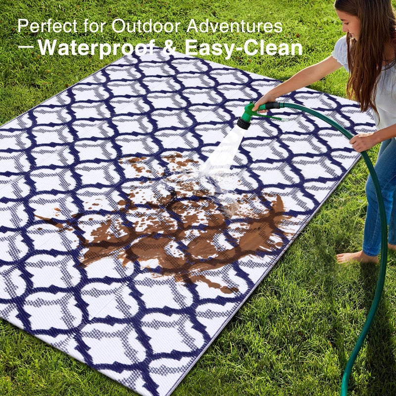 OLANLY Reversible Outdoor Rug 5x8 ft Clearance, Waterproof Outdoor Plastic Straw Rug with Interlacing Pattern, RV Mat for Patio, Camping, Balcony, Deck, Backyard, Navy & White - Image 3